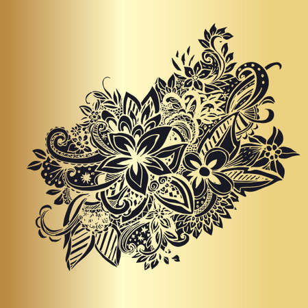 Golden hand drawn lined pattern with many details. Laced vector pattern. Zentangle.のイラスト素材