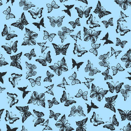 Seamless white pattern with silhouettes of butterfliesのイラスト素材
