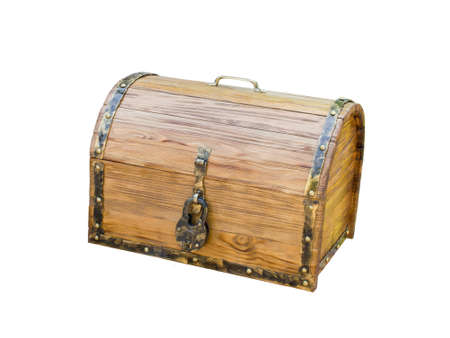 wooden chest with lock in antique style isolated on white backgroundの写真素材