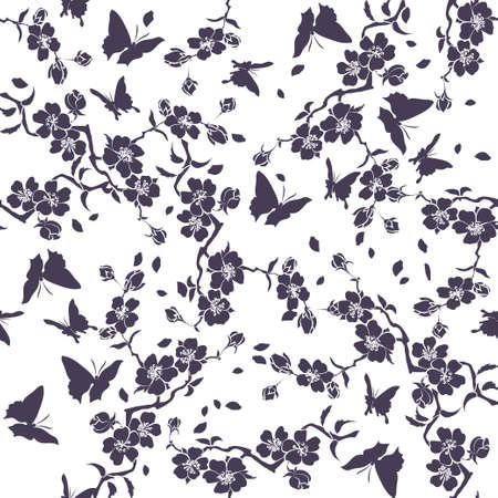 twig sakura blossoms and butterflies. Vector illustration. Dark Silhouette. Seamless patternのイラスト素材