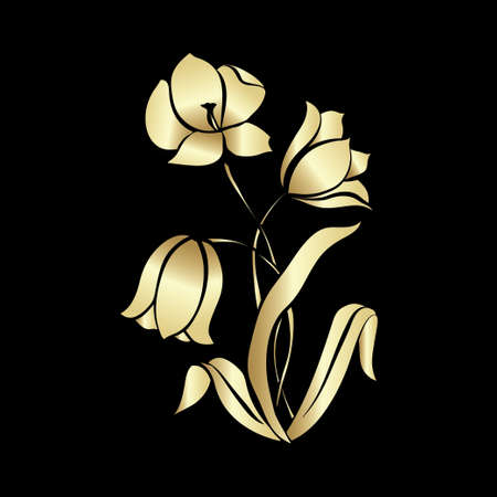 Flower tulip. Gold outline on black background, vector illustrationのイラスト素材