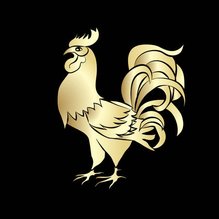Golden silhouette of a rooster on a black backgroundのイラスト素材