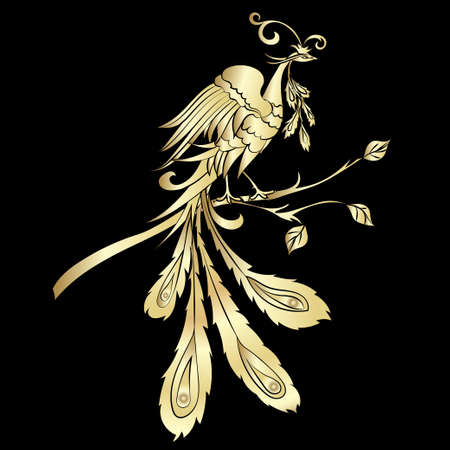 Golden silhouette fantastic fire-bird are on black background. Vector illustration Ornate bird drawing decorated with abstract ornamentsのイラスト素材