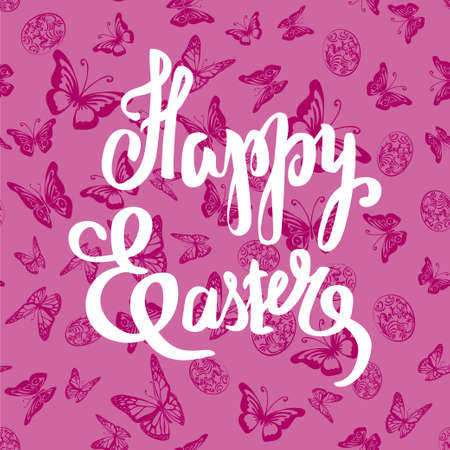 Easter vector vintage card with butterflies and phrase Happy Easter.のイラスト素材