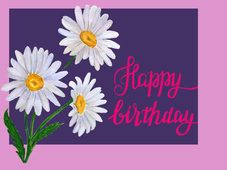 watercolor card with daisy blossoms and textの写真素材
