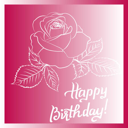 Happy Birthday lettering and rose are on purple background, greeting card with fun white lettering and roses on pink. Vector illustrationのイラスト素材