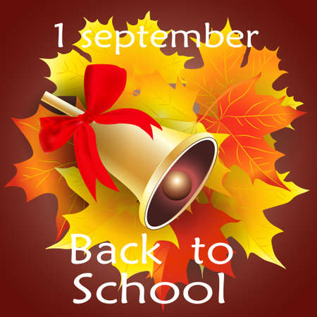 Gold school bell with a red ribbon and maple leaves. Vector illustrationのイラスト素材