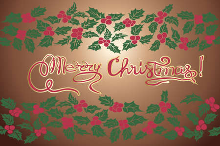 MERRY CHRISTMAS hand lettering.Handmade calligraphy. Vector illustration. Greeting card. Christmas holly leaves.Seamless pattern of leaves and berries.のイラスト素材