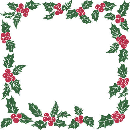 Symbol of Christmas. Square frame of green leaves and red berries. European Holly traditional Christmas decoration.Vector Illustration Isolated on white Backgroundのイラスト素材