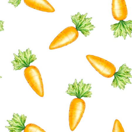 Watercolor seamless pattern with orange carrots and greens on a transparent background. Handmade...