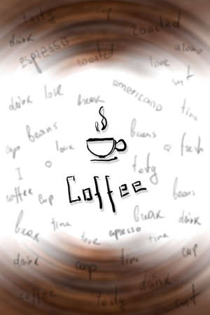 coffee background with blurred roasted coffee beans and drawing cup of coffeeの写真素材