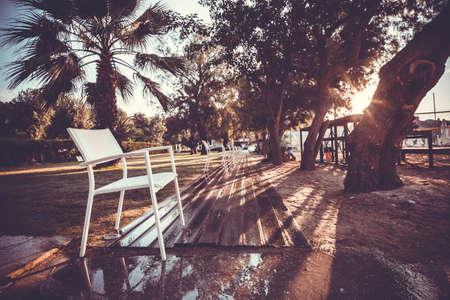 Dawn among palm trees and chairs along the paths and watering the lawn near the beach, camping, Greeceの写真素材
