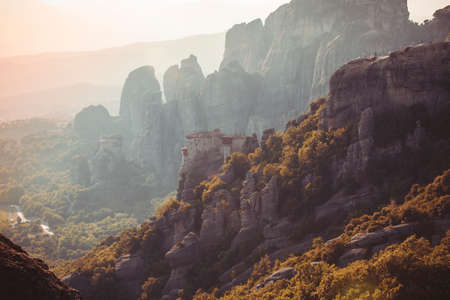 Meteors monasteries in Greece in high mountains on the sunset, backgroundの写真素材
