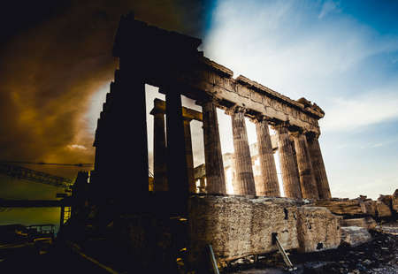 day and night Background image of reconstruction of Parthenon in Acropolis, Athens, Greece