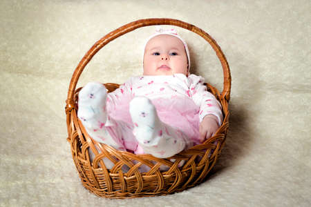 chubby little cute girl in a basket on a background of white fluffy rugの写真素材