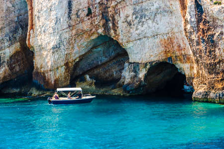 motor boat in blue caves on Zakynthos island in Greece, Europeのeditorial素材