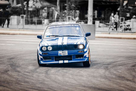 23 september 2017 drift in the center, in the city square BMW 3 Series against a background of...