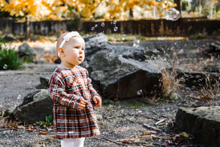 little girl looks at soap bubbles, in autumn parkの写真素材