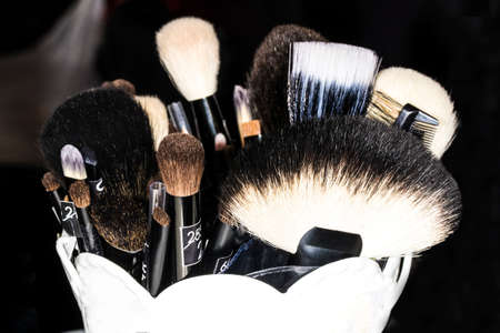 set of makeup brushes on a dark background