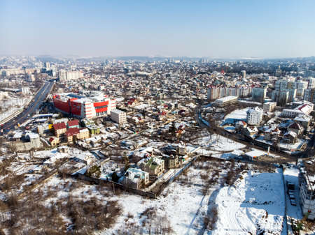 buildings, shopping center, air filming ChiÅŸinÄƒu, background photo, top view of a winter city
