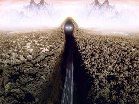 fantasy landscape of mountains and a tunnel from which glows the eyes of a monster, the road to...