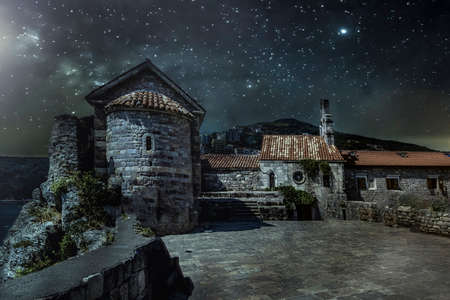 landscape image of old town in Budva at night, Montenegro.のeditorial素材