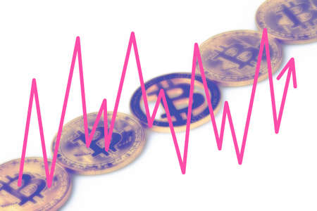 gold bitcoin on a light background in blur with a red line graph in focus, the concept of increasing...