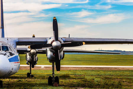 airplane wing with a propeller against the sky, close-up photo, air travel concept, background image...