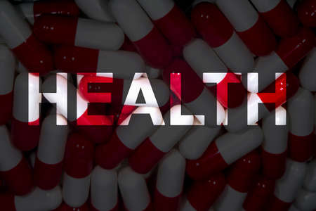 pill capsules white-red with the inscription health, the background image