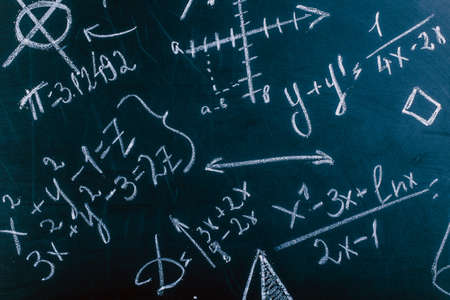 close up of math formulas on a blackboard, background imageの写真素材