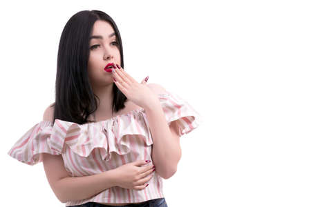 shocked plus size model with red lips isolated on white background with copy space
