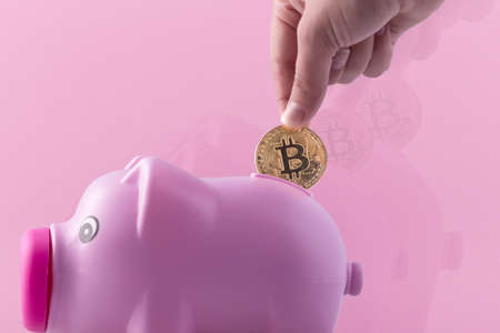 piggy bank and hand on a pink background that puts bitcoin in itの写真素材