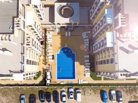 aerial shooting of the resort in Sveti Vlas, sea view and hotel residential buildings with swimming poolsのeditorial素材