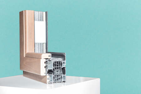 The cut wooden window profile , front viewの写真素材