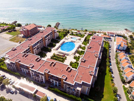 aerial shooting of the resort in Sveti Vlas, sea view and hotel residential buildings with swimming poolsのeditorial素材