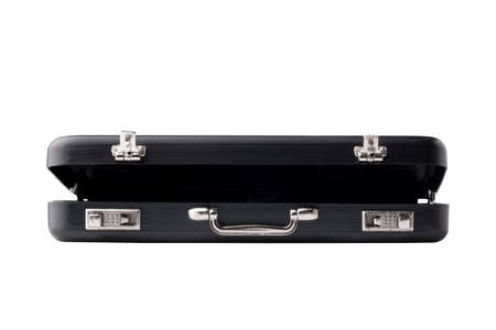 black metal case in the half-open form isolated on white backgroundの写真素材