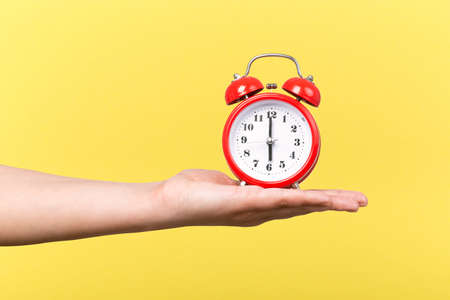red clock with alarm on hand on a yellow background, wake up concept in the morningの写真素材