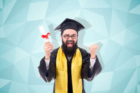 graduate with a diploma in hand, rejoices at successful completion of studies, image over blue...