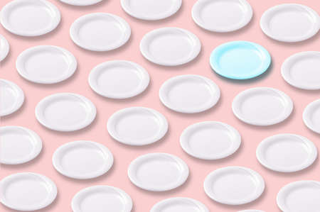 Many white ceramic porcelain utensils (plates) on the table. Pottery backgroundの写真素材