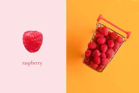Creative layout made of raspberry  in shopping cart, flat lay. Food concept.