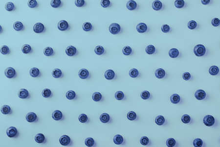 Ripe and juicy fresh picked blueberries on blue trendy background. Flat lay style.の写真素材