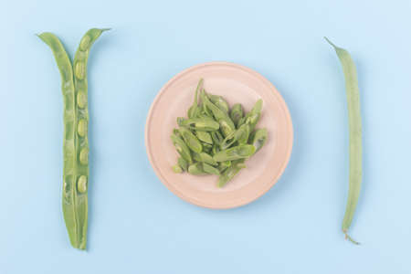 green beans on blue background, concept of summer healthy foodの写真素材