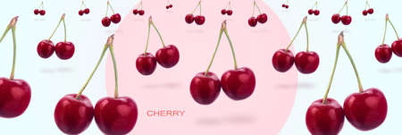 Creative layout made of fresh red cherry, levitating cherries, panoramic imageの写真素材
