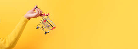 Buying things at market shops concept. Woman hand holding small tiny shopping cart trolley over trend yellow background, panoramic  mock upの写真素材