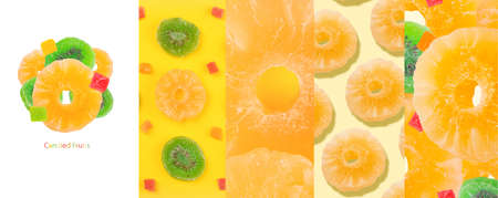 Candied fruits panoramic collage, layout with dried fruits. Creative minimalismの写真素材