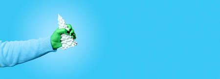 gypsum christmas tree in green hand, overs blue background, panoramic mock up image, stolen...