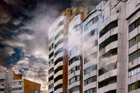 fire in an old apartment buildingの写真素材