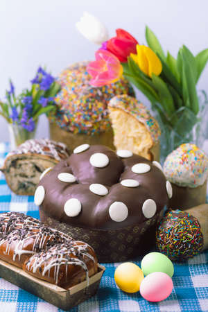 easter cakes and spring flowers, easter bread and eggs