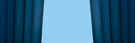 open blue curtain, panoramic mock-up with place for textの写真素材
