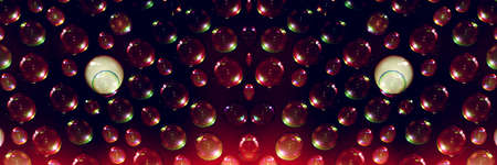 one soap bubble with smoke among transparent ones on a red-dark background, panoramic image